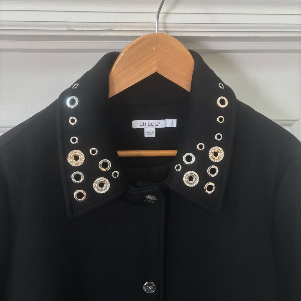 Chico’s Black Silver & Gold Embellished Wool Blend Car Coat Jacket Size 3 US 16 - Picture 4 of 16